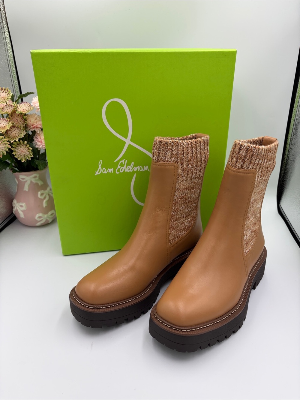 Sam Edelman Tan Leather Chelsea Boots with Knit Cuff